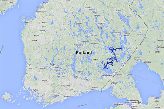 Diese Karte zeigt das insgesamt patrouillierte Gebiet während Operation Saimaa Seal: unglaubliche 4521 Kilometer.